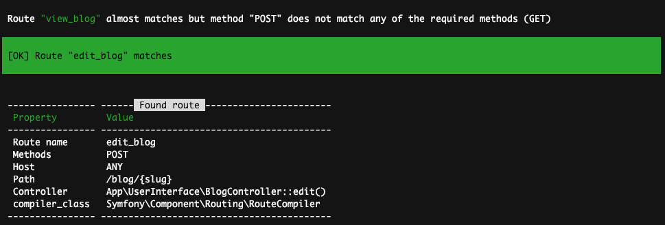 Console route match output with route properties.